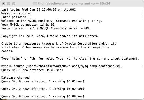 Command line installation of the sample data base